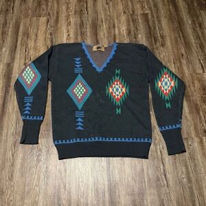 Vintage Saratoga by Robert Peritz Wool V Neck Sweater Men's Large Aztec Navajo